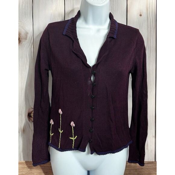Cousin Johnny Embroidered Cardigan Sweater Sz Small Purple Applique Flowers65 - Picture 2 of 8